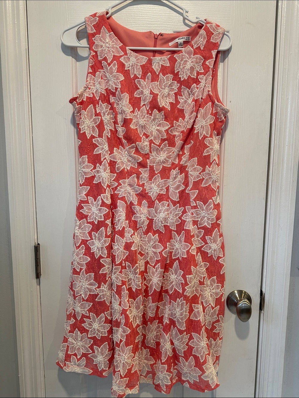 Studio One Coral Dress with White Floral Lace Overlay